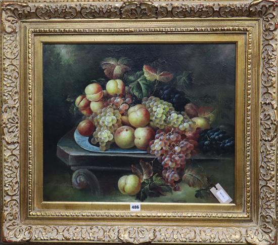 J* Hamilton (20th century), oil on board, still life of mixed fruit on a ledge, signed, 49 x 59cm